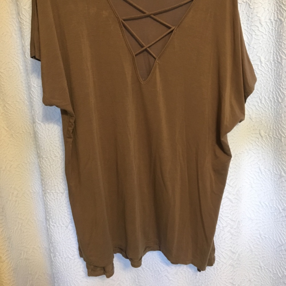 Forever 21 Tan Flowy Lace Up Short Sleeve Top